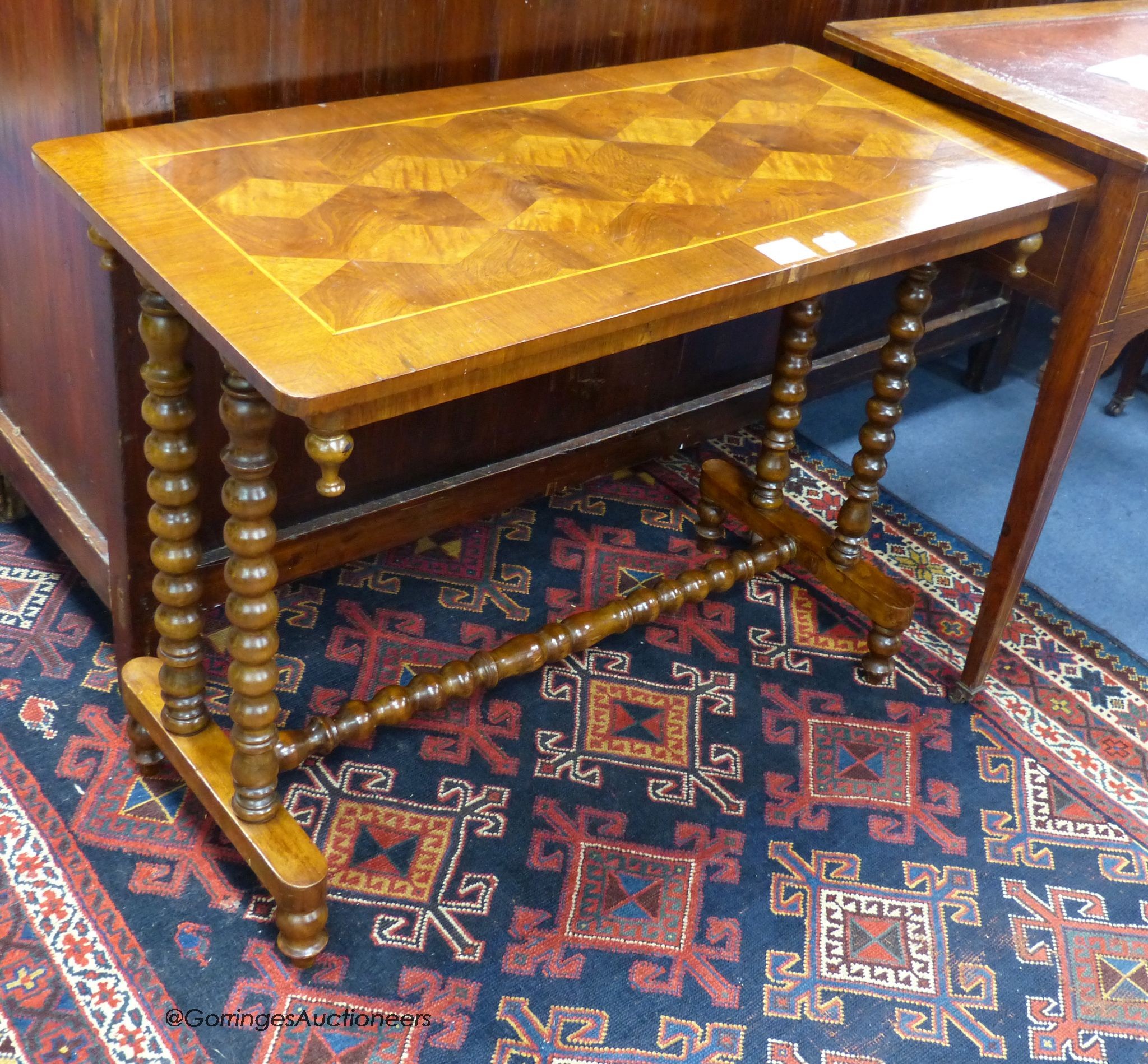 A Victorian walnut parquetry topped centre table, width 89cm, depth 44cm, height 67cm